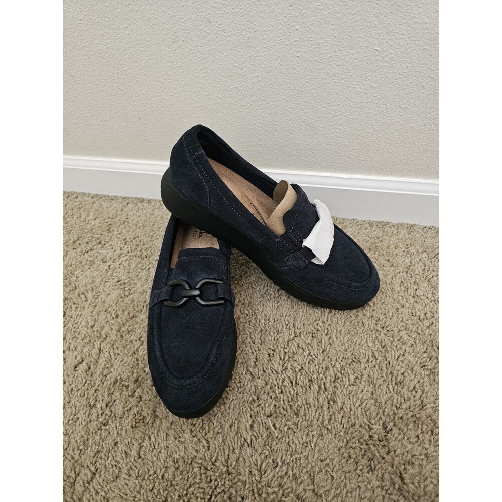 Clarks Collection Womens 11W Navy Blue Suede Bit Loafers Comfort Shoes Wide